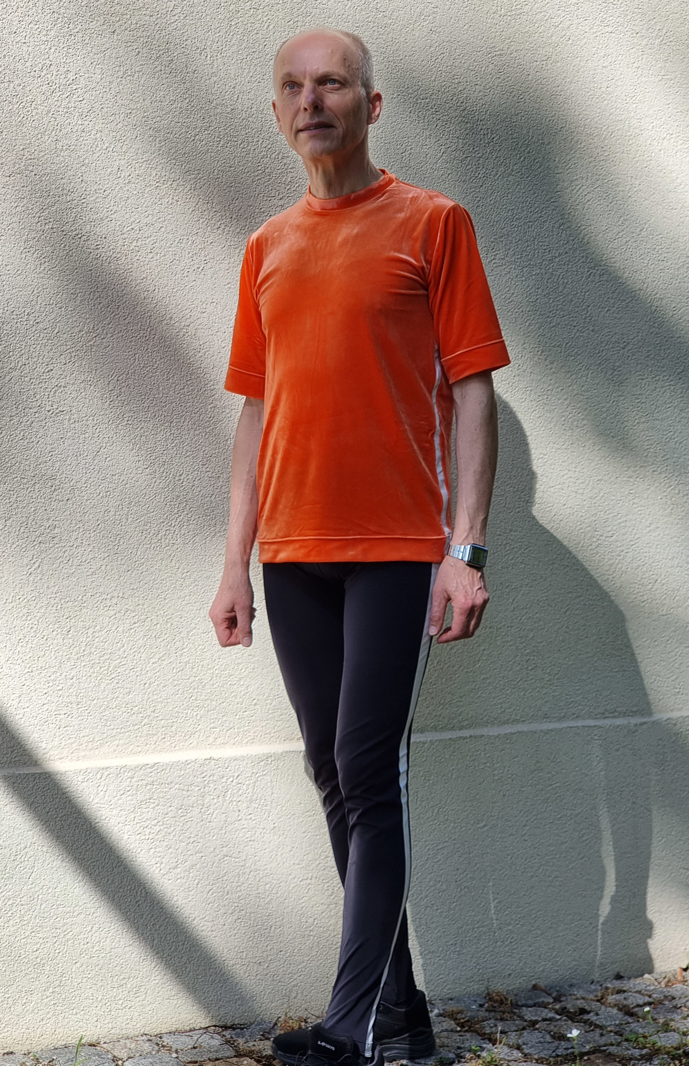 Orange Velvet Top, Black Running Tights