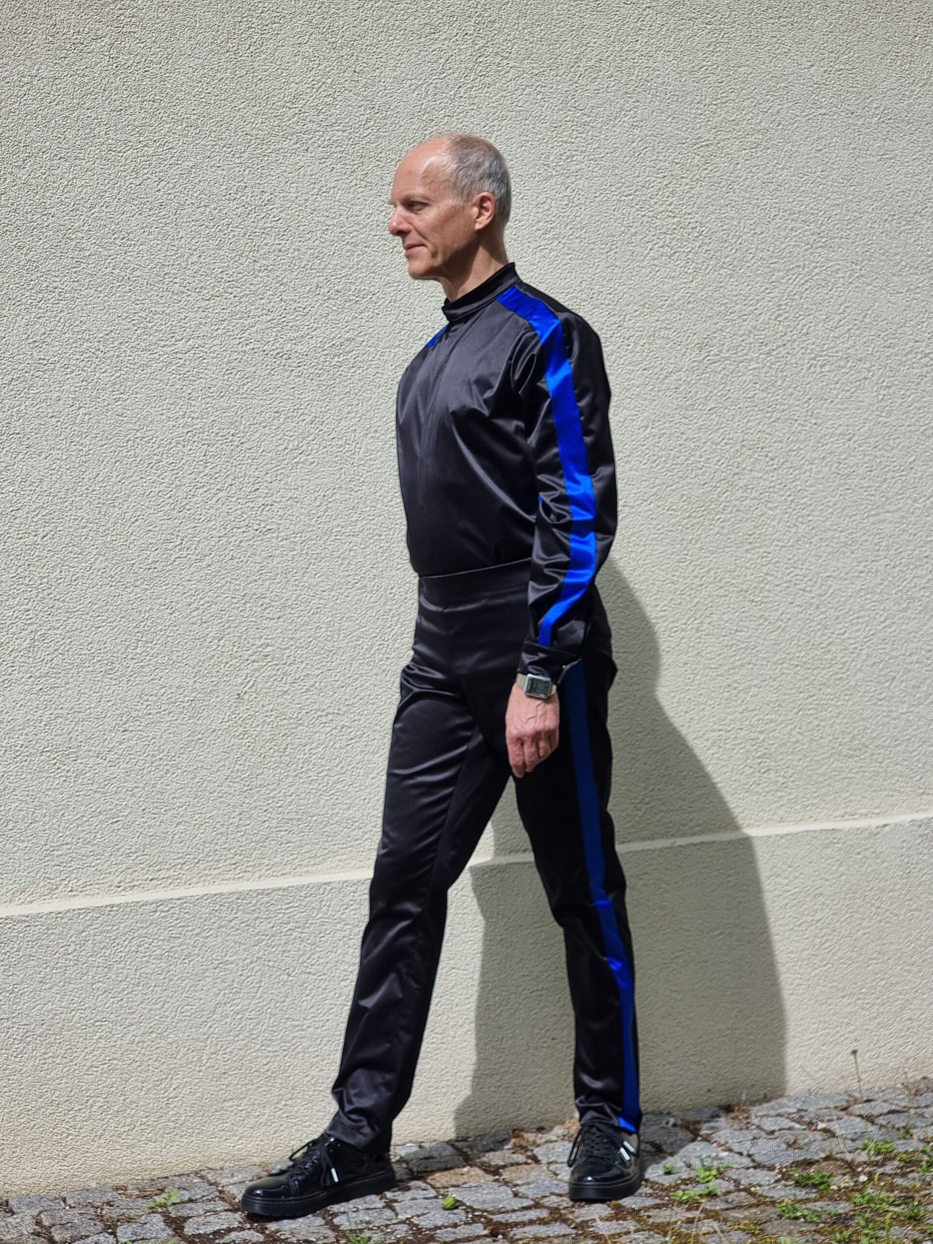 Black Pants and Shirt with Glossy Blue Stripes