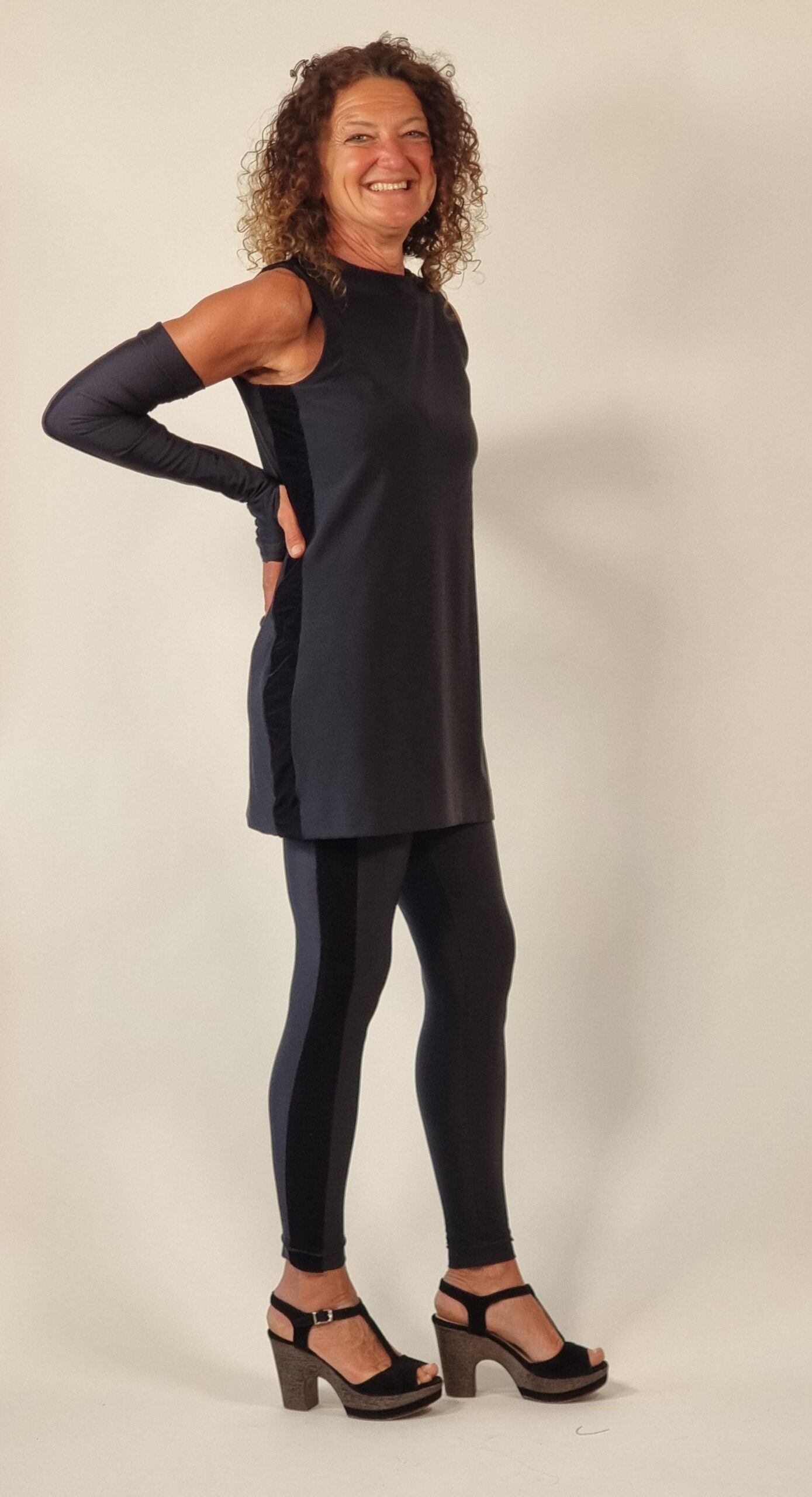 Black Dress, Leggings, Sleeves with Black Velvet Stripes